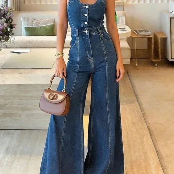 Blue Casual Sleeveless Wide-Leg Women's Jumpsuit with Button Front High Waist - Picture 3 of 3